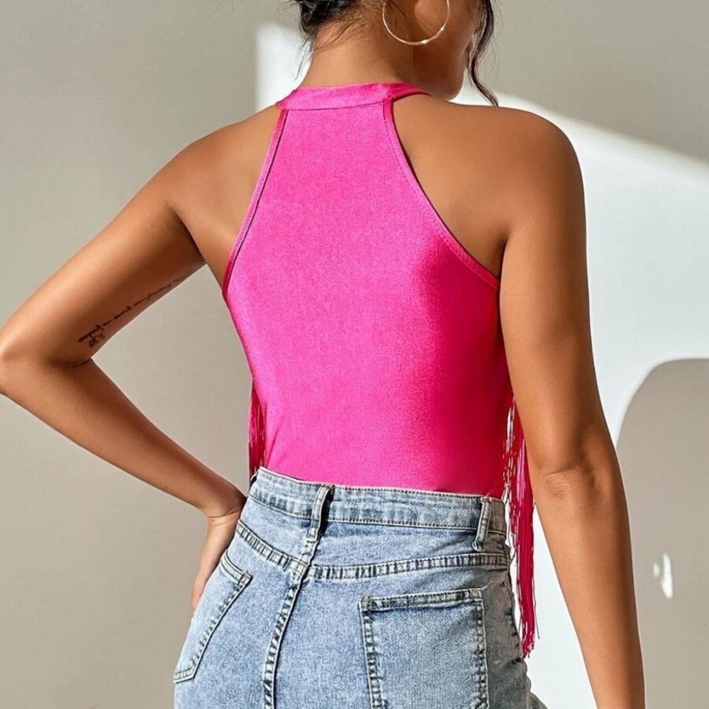 Fringe Halter Cami top Hot Pink - Picture 4 of 6